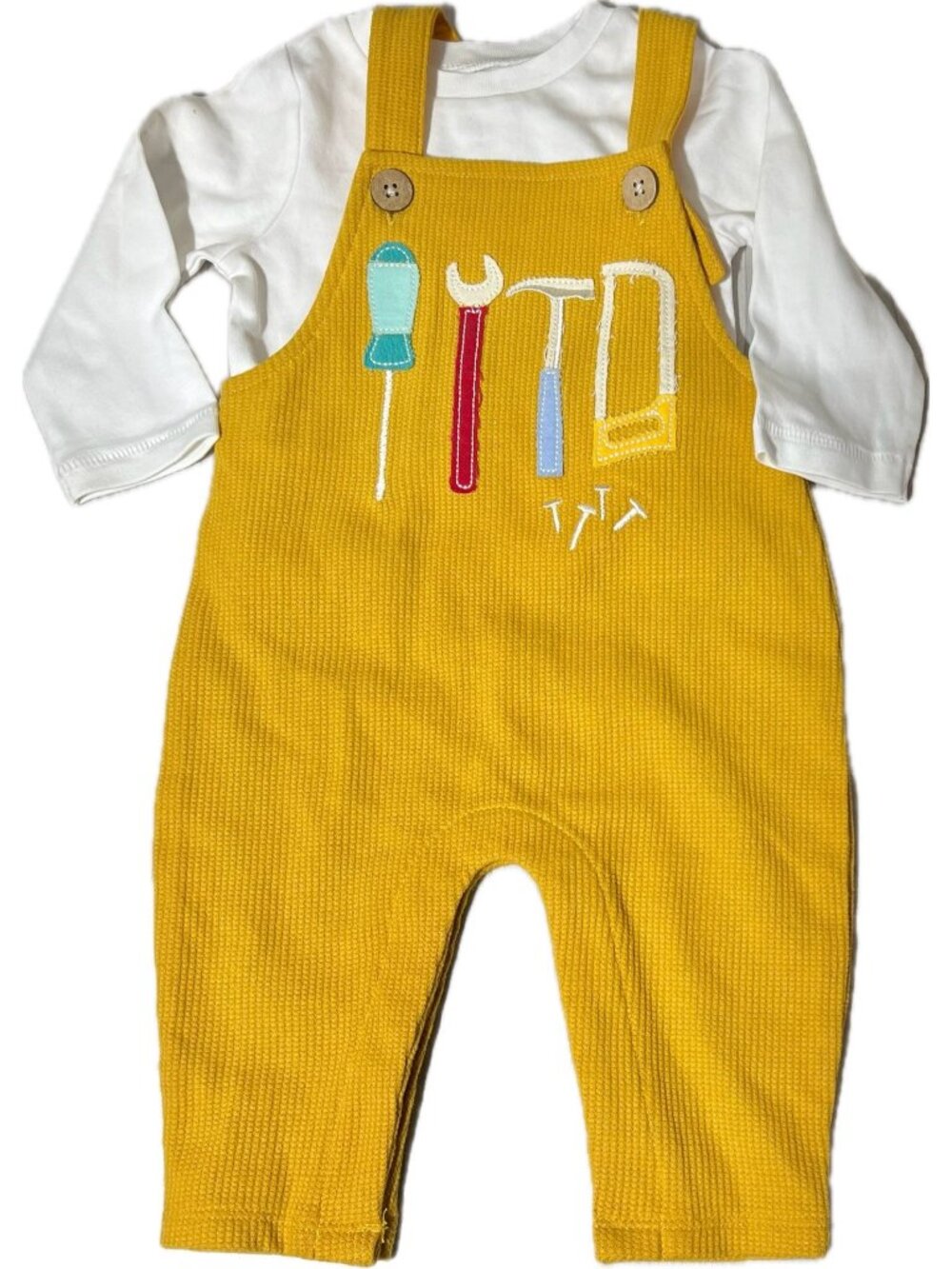 Mud Pie 3m 6m NWT mustard yellow waffle weave romper applique tools embroidery